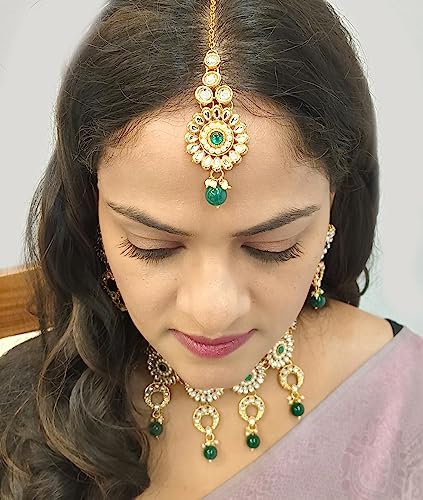 Efulgenz Indian Jewelry Set Kundan Crystal Choker Necklace Dangle Earrings Maang Tikka Head Chain Bollywood Wedding Jewelry for Women4