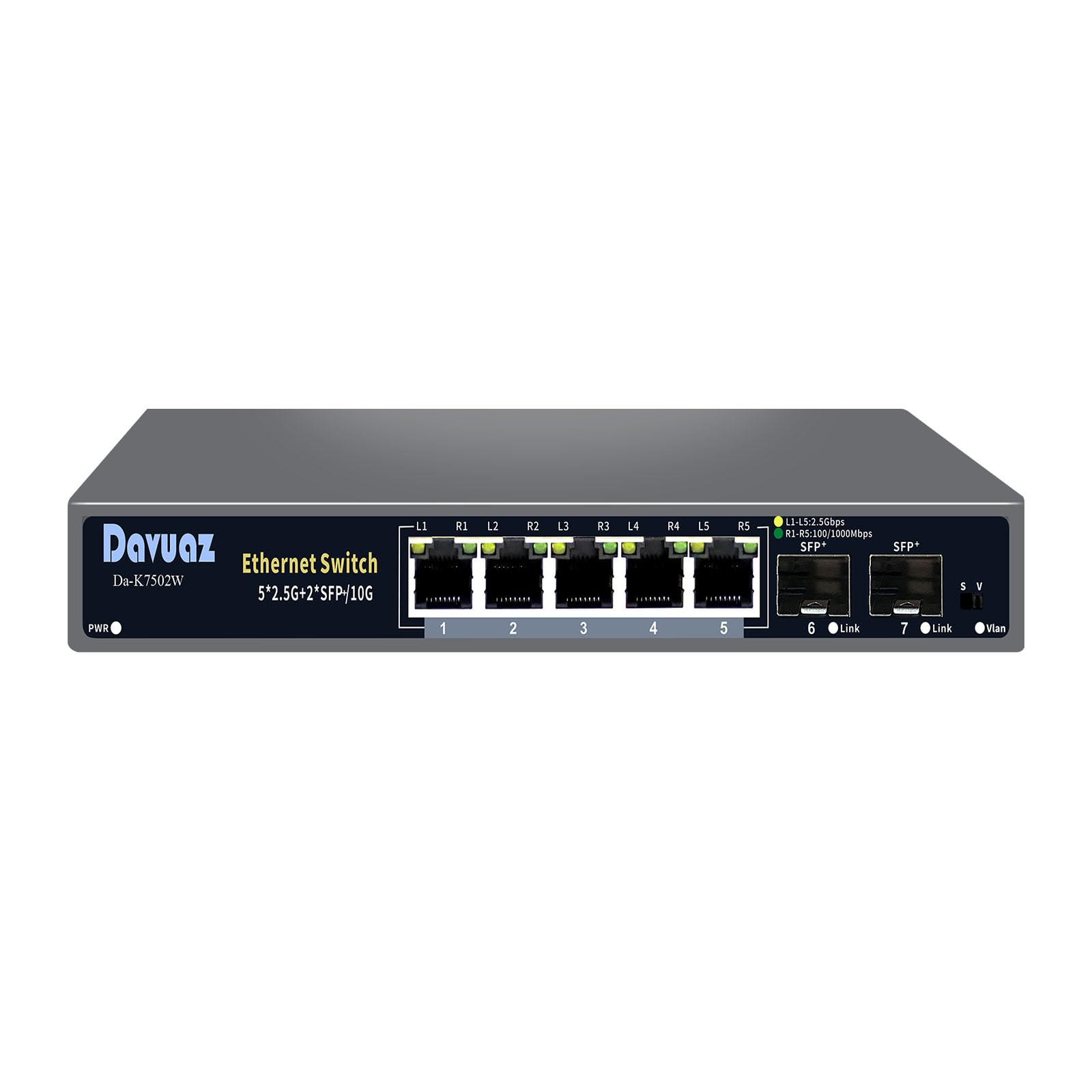 7-Port 2.5G Unmanaged Ethernet Switch with 5 x 2.5G Base-T Ports and 2 x uplink 10G SFP Ports, Compatible with 100/1000/2500Mbps Network Switches,Metal and Fanless, Plug and Play