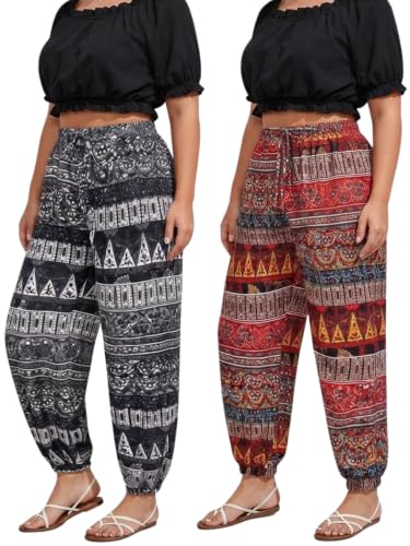 Image of GRECIILOOKS Boho Printed Wide Leg Palazzo Pants for Women, Flowing High Waist Rayon Trousers for Beach, Vacation, Lounge, and Summer Style
