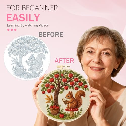 Image of Huacan Beginner Embroidery Kit for Adults, Easy to Learn Squirrel Embroidery Patterns Instruction, Needlepoint Kits for Adults Include Embroidery Hoop, Colorful Threads, Tools
