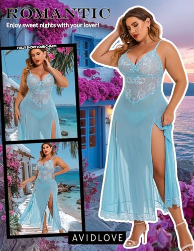 Image of Avidlove Plus Size Lingerie for Curvy Women Long Lace Babydoll Nightdress | V neck sheer mesh nightgown,g-string included,high side slits,adjustable straps,curve-flattering fit,maternity photoshoot
