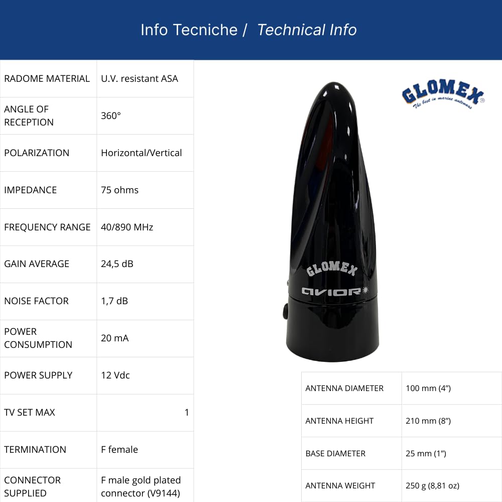 Glomex – Antenna TV Terrestre Omnidirezionale Avior 10x21cm (Nero), Modello VT300-BK – Amplificatore Interno, Riceve TV/FM, Kit Completo, Per barche a vela, motore, gommoni, yacht – Massima Ricezione