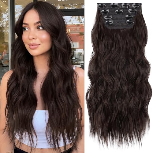 Image of KooKaStyle Wavy Thick Clip in Hair Extensions 20 inch Chocolate Brown 33Y# | 4 Pieces Clip in Extensions,Fiber Double Weft Hairpieces,Natural Volume,Beach Wave Synthetic Hairpiece for Women