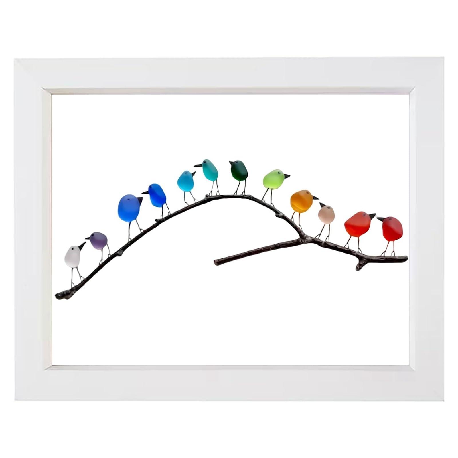 AHQCBWG Sea Glass Art, Sea Glass Rainbow Birds on Branch, Sea Glass Decor, Glass Wall Art, Glass Birds, Beach Wall Art, Housewarmings, Birthday and Wedding Gifts(12 Birds,White Frame)