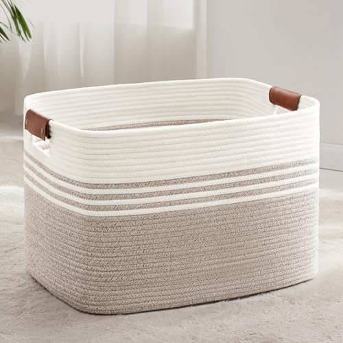 Wäschekorb Geflochten Groß aus Baumwollseil, 86L Aufbewahrungskorb mit Lederhenkeln, Korb für Decken, Kleidung, Spielzeug, Laundry Basket für...