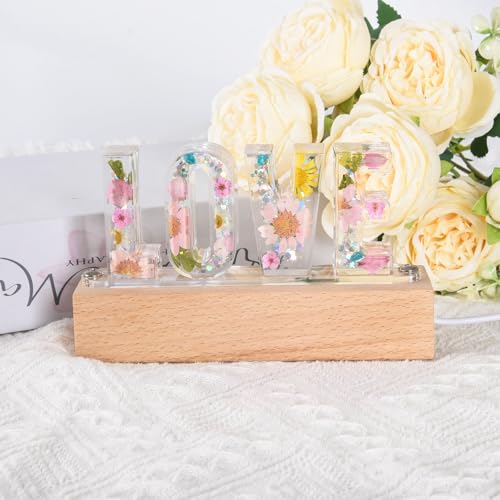 Image of Floral Letter LED Night Light: Resin Dried FlowerLetters Lamp with USB - Handmade Pressed Flower Nightlight Unique Customized Gift for Home Decoration (TP-Yellow Flower, 1)