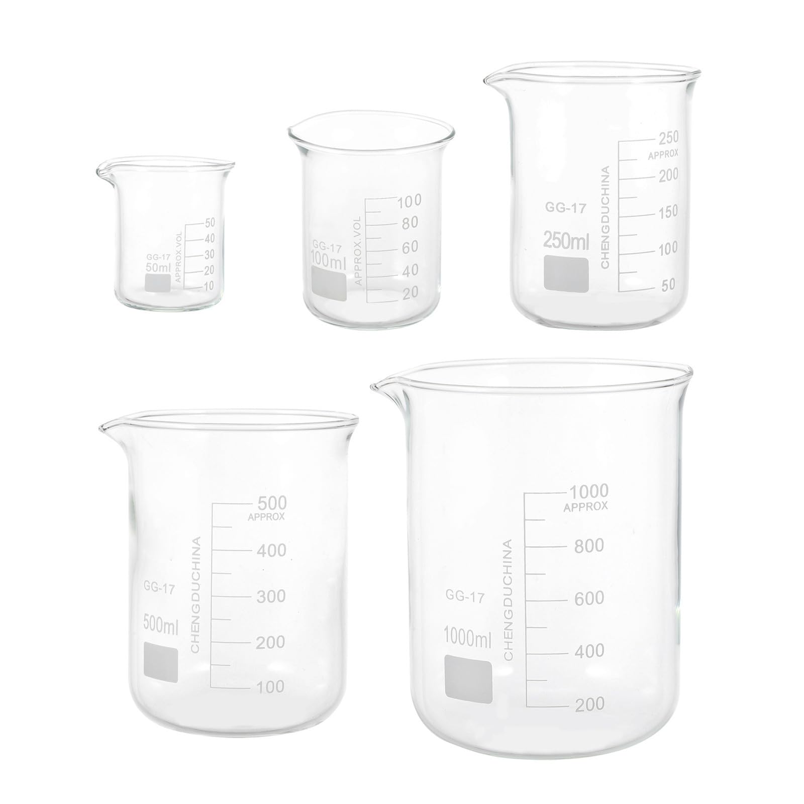 Tazas Medidoras de Vidrio 5piezas para Laboratorio Decoracion Colegio | Vasos Graduados, Herramientas de Medición, Portaliquidos a Escala, Ligeros y Fáciles de Limpiar