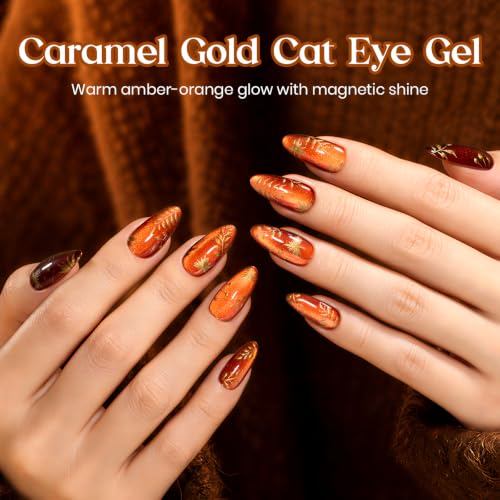 Image of Beetles Caramel Gold Cat Eye Gel Nail Polish - 15ML Amber Brown Glass Cat Eye Magnetic Gel Polish with Magnet Golden Orange Brown Gel Polish for Fall Nails Soak Off UV Nail Art Gift