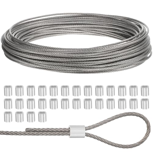iplusmile 304ステンレス ワイヤーロープ 30m巻き 台風対策固定 直径3mm(7×7構造)8文字型アルミスリーブ30個付き 金属 ケーブル 使用荷重159 kg 防錆 調整可能 室内物干し 園芸DIY 落下防止 ガーデニング ペットフェンス