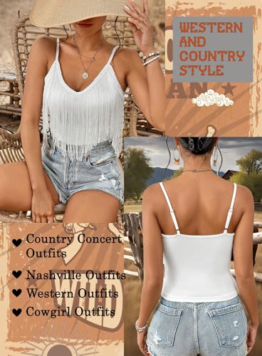 Camiseta Sin Mangas con Flecos para Mujer - Sexy Estilo Top Vaquera Occidental para Conciertos Festival Dobladillo Coachella con Borlas(White,XS,10742r)