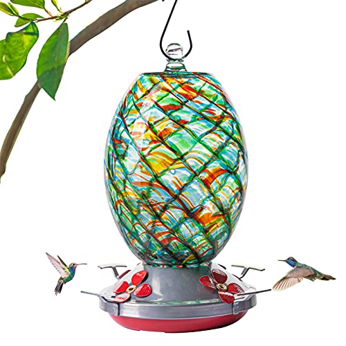 Muse Garden Hummingbird Feeder for Outdoors, Hand Blown Glass, 25 Ounces, Ant Moat Included, Hawaii Mermaid
