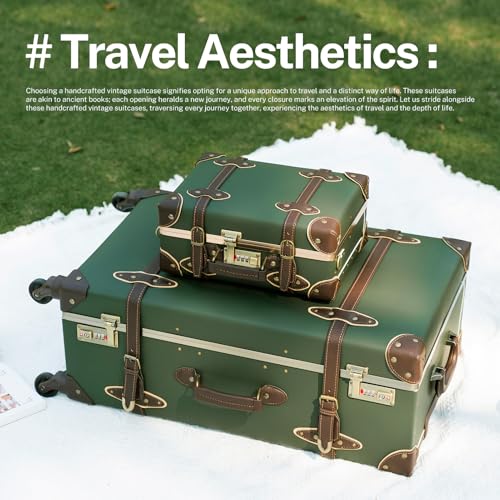 urecity Vintage Suitcase Set for Women, Vintage Luggage Sets for Women 2 Piece, Cute Designer Trunk Luggage, Retro Suit Case, Luggage Zipperless TSA Approved, Army Green, 20"+12"