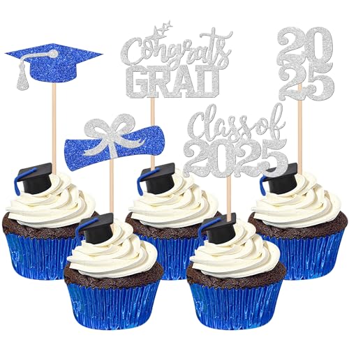 40 PCS 2025 Graduation Theme Cupcake Toppers Glitter Congrats Grad 2025 Diploma Graduation Cap Cupcake Picks for Class of 2025 Graduation Theme Party Cake Decorations Supplies Blue Silver