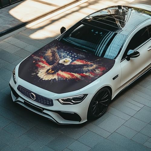 Image of USA Cute Eagle Print Car Hood Cover Polyester Elastic Fabrics Can be Washed Suitable for SUV Trucks Universal for Cars