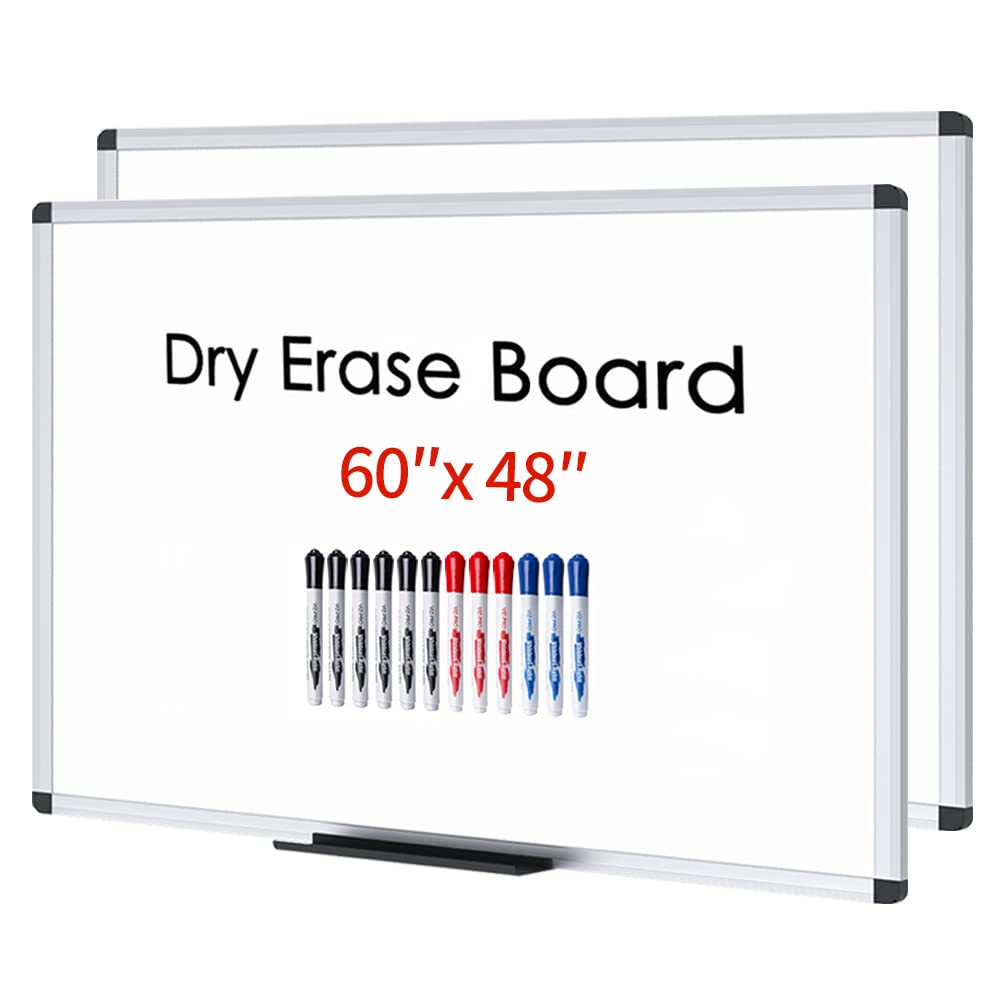 VIZ-PRO Dry Erase Board/Whiteboard, Non-Magnetic, 60 x 48 Inches, Pack of 2, Wall Mounted Board for School Office and Home, with 12-Count Markers