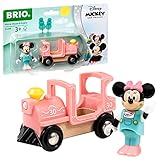 Die Lokomotive und Minnie Maus Spielfigur mit Schaffner-Latzhose und Schleife sind mit allen BRIO-Schienen kompatibel