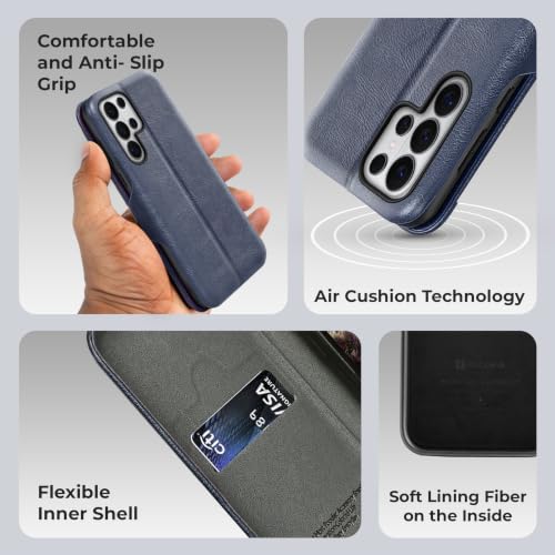Image of PULOKA Premium Vegan Leather Phone Cover with Card Slot - Compatible with Samsung Galaxy S25 Ultra - Sleek Flip Case, Slim, Durable, Privacy Protection, Kickstand Function (Blue)