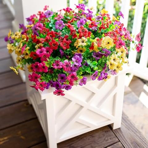 Artificial Fake Plants Flowers for Outdoor Outside Spring Summer Decoration, 12 Bundles Faux Silk Colorful Mix Daisy UV Sun Resistant Realistic for Porch Patio Home Planter Window Box Yard Cover