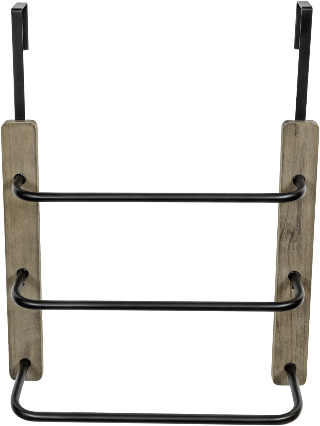 MyGift Over The Door Towel Rack for Bathroom, Vintage Gray Weathered Solid Wood 3 Tier Matte Black Metal Bars, Space Saving Hand Towel Holder, Over Shower Door Towel Drying Rack for Bath Towels