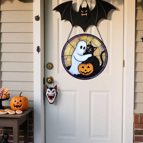 Image of Stained Glass Window Hanging - Halloween Decorations Cute White Ghost Black Cat Suncatcher for Doors Garden Spooky Sun Catchers Gothic Decor Horror Gifts for Women Men Friend Boy 15 in