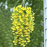 4 Pack Artificial Faux Hanging Flowers Plant for Outdoor, Fake Silk Morning Glory with Eucalyptus UV Resistant Realistic Trailing Vine for Wall Home Porch Patio Balcony Yard Indoor Decor, Yellow