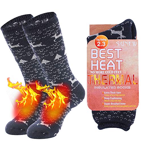 Mens Warm Thermal Socks, Sunew Insulated Extra Warm Boot Socks for Extreme Cold Weather, Polar Outdoors Sports Thick Heavy Hiking Skating Socks, Indoors Cozy Slipper Socks, 1 Pair Blue Grey Large