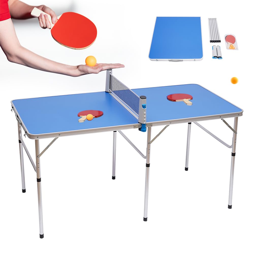 Mesa de ping pong plegable, mesa de ping pong para interior y exterior, pequeña, deportiva, mesa de ping pong con pelotas y 2 raquetas 152 x 76 x 76 cm