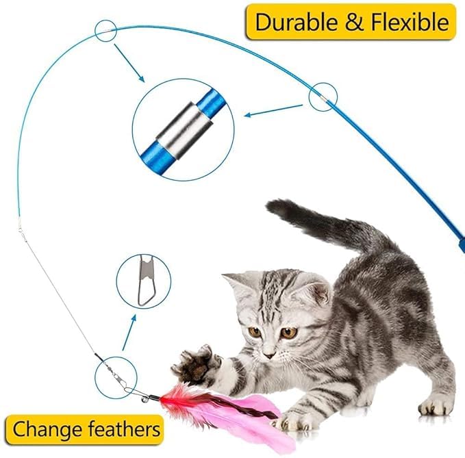 ERITIN Cat Interactive Toys Set with Retractable Teaser Wands and Feather Worm Toys Kitten Variety of Vibrant Colours Activity to Exercise Cats and Kittens 2