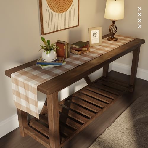 Image of Encasa XO Cotton Table Runner for 8 Seater | Size 13x91 in | Buffalo Beige Checks - Machine Washable & Durable