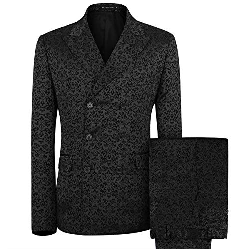 WEEN CHARM Men's Floral 3-Pieces Suit Double Breasted Three Button Dress Suit Blazer Jacket Pants Tux Vest Prom Tuxedo Black