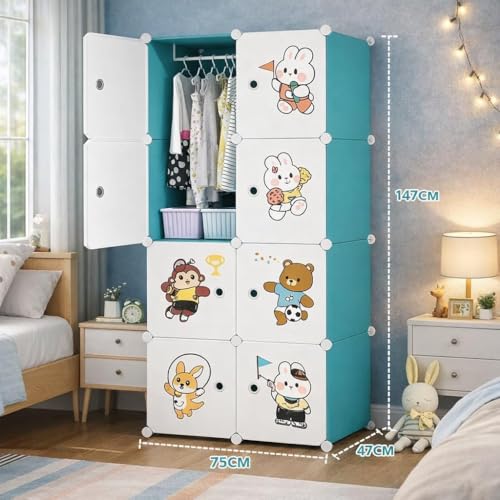 Image of Plastic Wardrobe for Kids Clothes - Durable, Easy to Use Anti-Skid & Non-Slip Effective Professional Collapsible Wardrobe, Plastic Cupboard for Kids, Foldable Almirah (Blue-J5, 8 Door)
