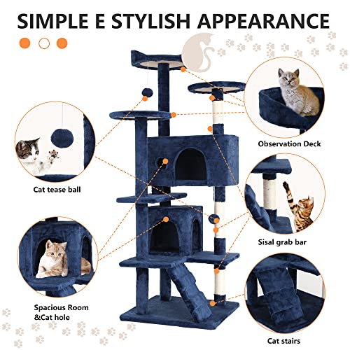 Image of BestPet | 54 inch Cat Tree Tower | Navy Blue | Sturdy Multi-Level Cat Tree