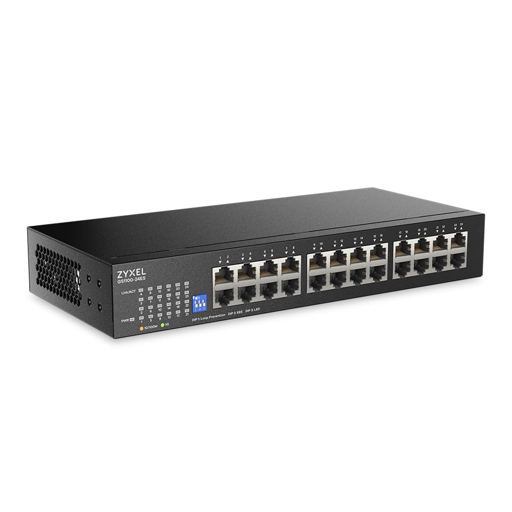 Zyxel Commutateur Réseau 24 Ports | Commutateur Gigabit Ethernet Non Géré | 24 Ports GbE | Dip Commutable | sans Ventilateur | Kits de Montage Mural et en Rack Inclus | GS1100-24ES