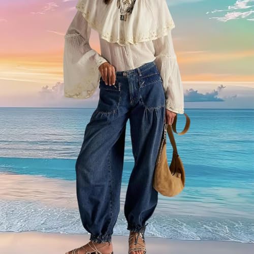 Women's Tube Jeans, Tie Hem Barrel Ruffle Mid High Waist Jeans, Ruffle Pleated Denim Pants with Drawstring and Pockets2