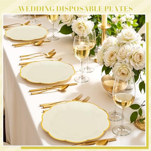 Image of NatNarr 30 Pcs Cream Paper Plates, 9 Inch Ivory Paper Plates with Gold Trim Scalloped White and Gold New Years Plate for New Year, Baby Shower, Wedding (Pack of 2)