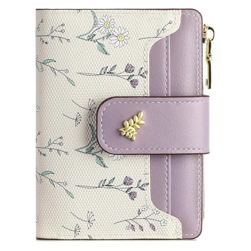 Small Wallets for Women Leather Bifold Zipper Pocket Wallet Cute Flower Credit Card Holder Coin Purse with ID Window
