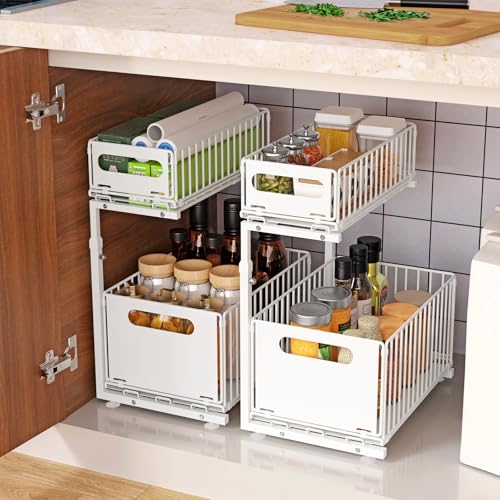 LANTUS Organizador de Almacenamiento Bajo Fregadero, Cajones Deslizantes, Apilable, Estanterías para Mueble de Cocina y Baño, 26,5 x 38 x 48,5 cm, forma L (Blanco)