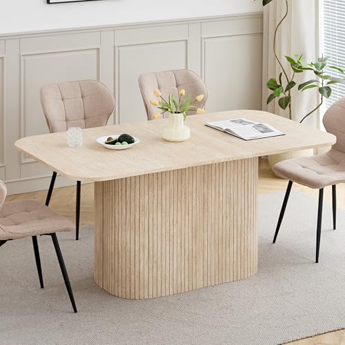BenyLed Mesa Comedor Rectangular para 4-6 Personas - 160 x 90 x 75 cm - Tablero de MDF con Acabado en Travertino - Mesa de Cocina con Base Ovalada Elegante, Amarillo Claro