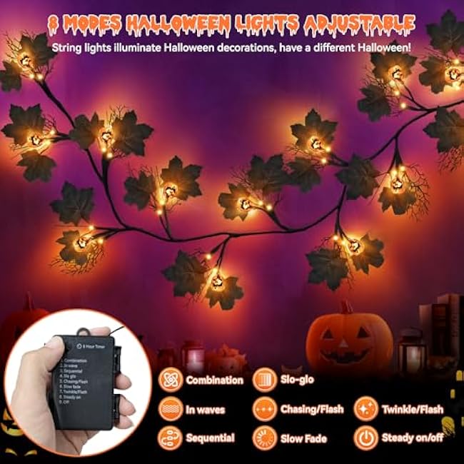 6 FT 54 LED Halloween Lights, 8 Modes & Timer Battery Operated Halloween Pumpkins Lights with Willow Vine Twig Garland, 3D Waterproof Decorations Lights for Indoor Outdoor Party Fireplace