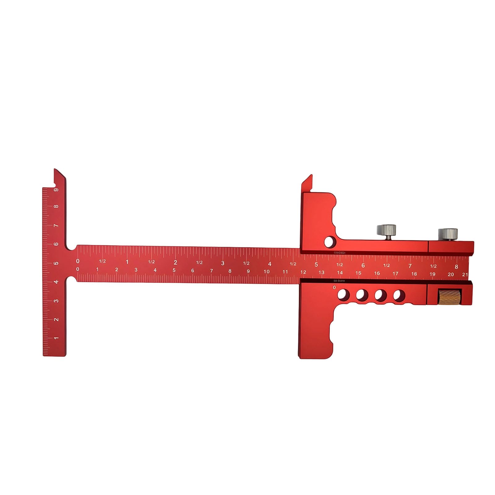 Miangerrn Red T-Style Marking Ruler, Aluminum Alloy Woodworking T Ruler With Micro-Adjustment, Metric & Inch Dual Scale, Laser Engraved, Precision Marking Holes For Parallel Lines –