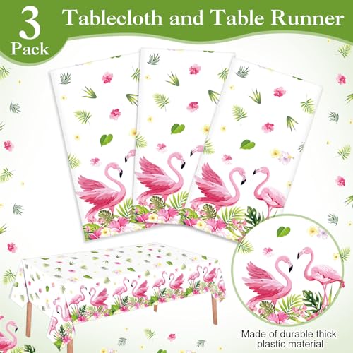Image of Ganeen 3 Pcs Summer Flamingo Tablecloth Party Decorations, Hawaiian Tropical Plastic Table Cloth, Disposable Luau Table Cover Rectangle for Flamingo Birthday Party Decoration Supplies, 54 x 108 Inch