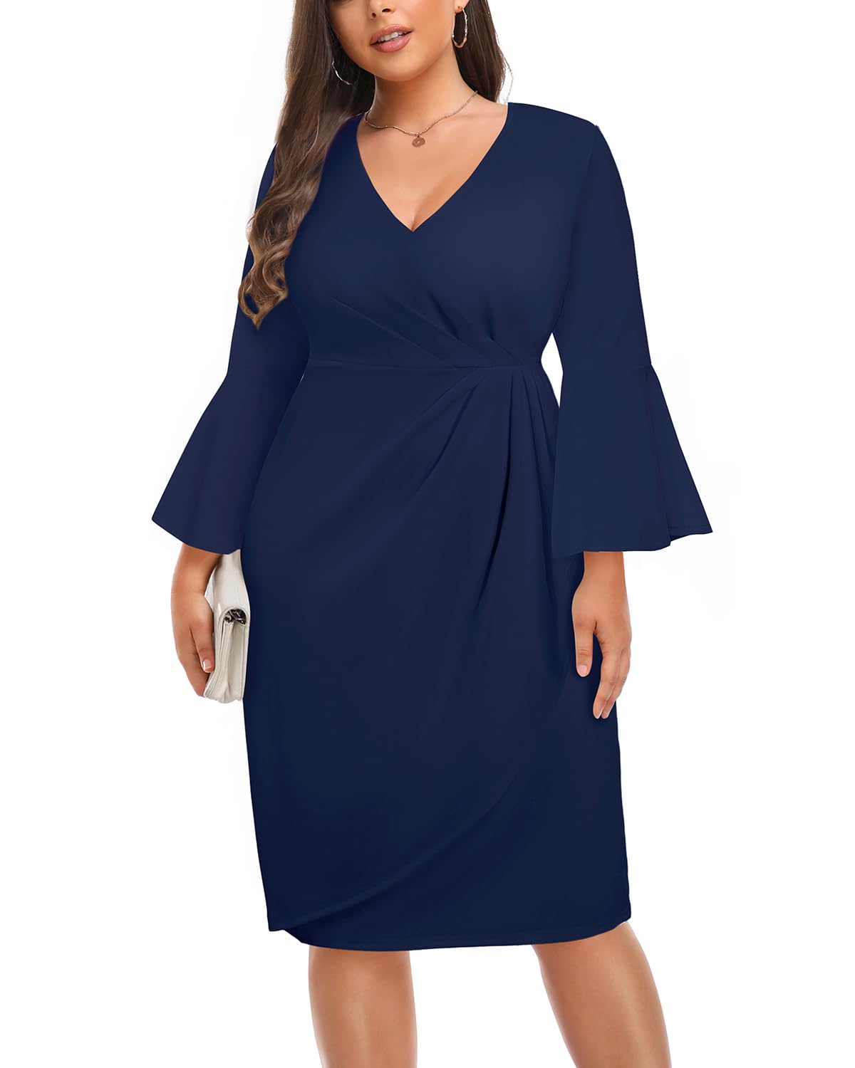 Women Plus Size Work Dress - Semi Formal Wedding Guest Church Business Office Interview V Neck Bell Sleeve