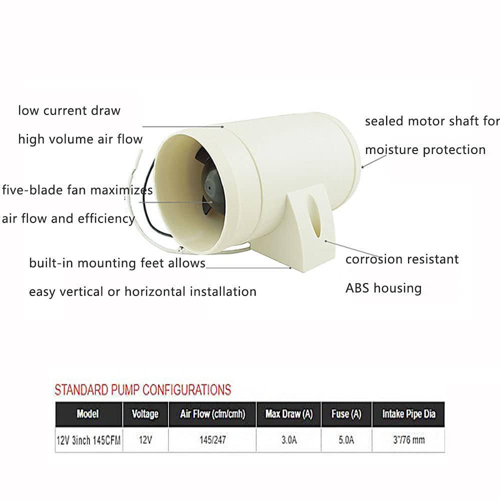 Riloer Soplador de aire en línea de 12 V con ventilador compacto de tubo de entrada de 75 MM/3 "para ventilación de cabina marina de galera de motor de sentina de barco