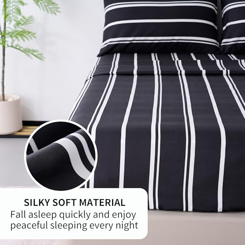 Image of Best Season Stripe Bed Sheets Set,4 Piece Super Soft Microfiber Bedding-Deep Pocket,Ultra Soft,Fade & Wrinkle Resistant(Full Size,Black&White)