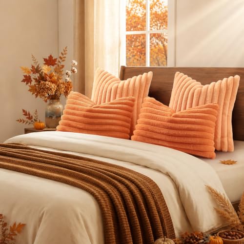 Image of decorUhome Fall Faux Fur Throw Pillow Covers 26x26 Set of 2 Light Orange
