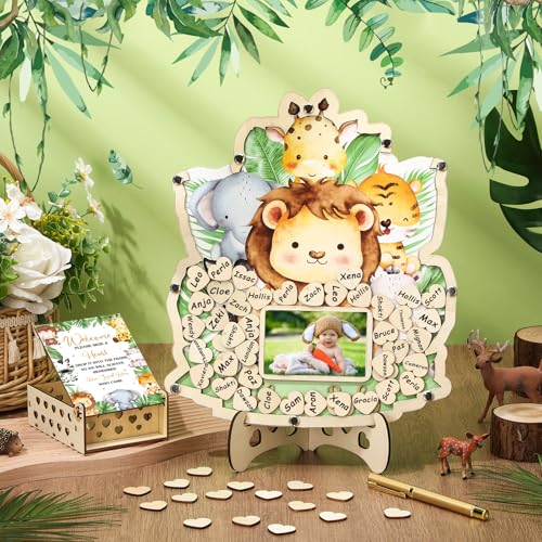 Image of Wenqik 63 Pcs Safari Animal Baby Shower Guest Book Alternatives Set Baby Shower Decorations with Photo Frame Sonogram Frame Keepsake 60 Wood Slices Guest Book for Birthday
