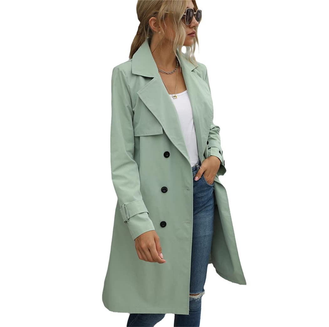Donne Casual Tinta unita Cappotto Autunno Elagant Manica Lunga Risvolto Collo Doppio Petto Con Cintura Trench Cappotto, Verde, L