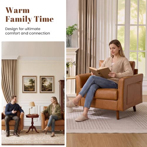 Image of Kingfun Faux Leather Armchair Sofa with Side Pocket,Mid Brown