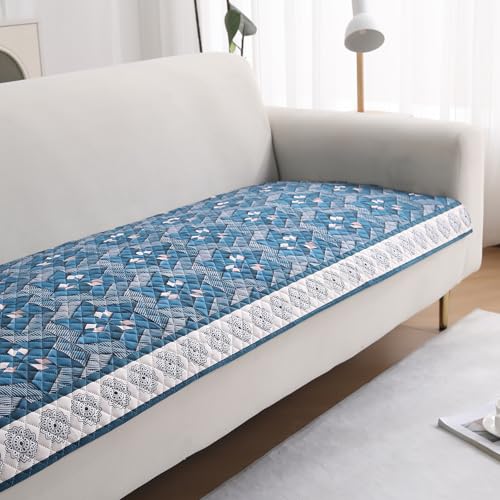 HOKIPO 'LiefNest' Holland Velvet Sofa Cover Mat with Foam Filling for 1/2/3 Seater & L-Shape Sofa. Make Your Own Sofa Cover Set, Mat Size: 120(L) cm, Geometric Floral Oriental Blue (IN-822-D4)