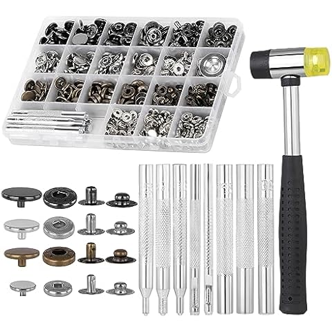 TLKKUE 120 Sets Leather Snap Fasteners Kit, 3 Sizes Metal Button Snaps Press Studs with Rubber Hammer and Full Setting Tools 3 Colors Snap Buttons for Clothes, Jackets, Jeans Wears, Bags Cover